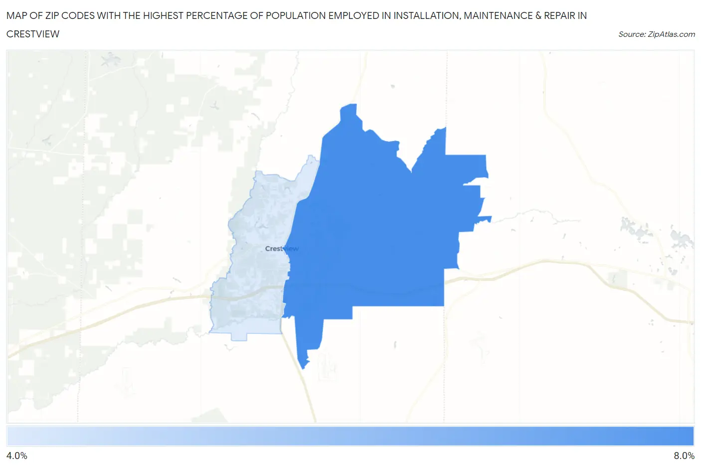 Zip Codes with the Highest Percentage of Population Employed in Installation, Maintenance & Repair in Crestview Map