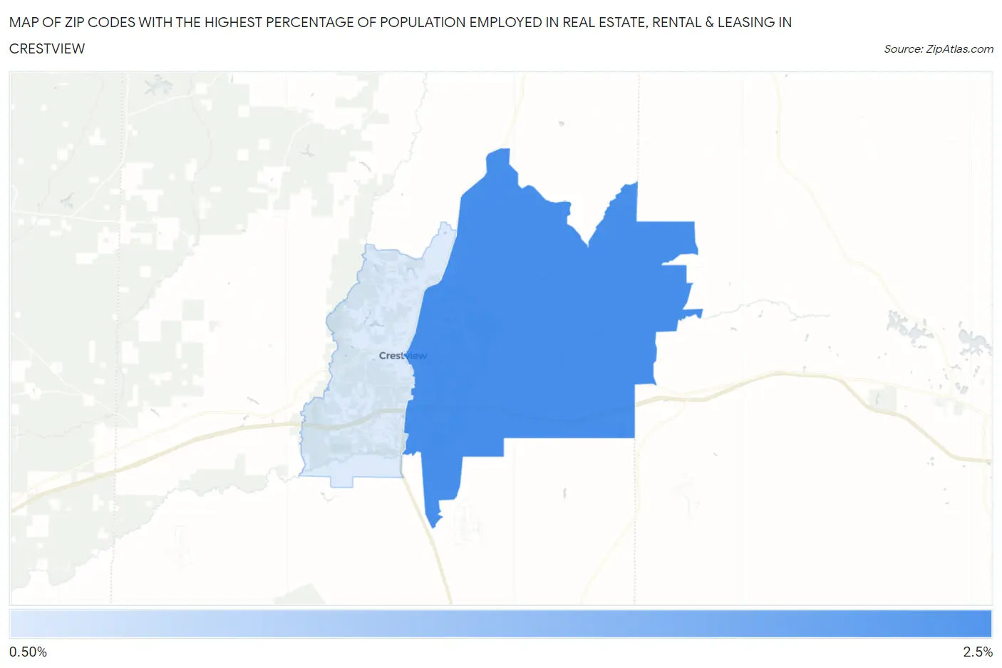 Zip Codes with the Highest Percentage of Population Employed in Real Estate, Rental & Leasing in Crestview Map