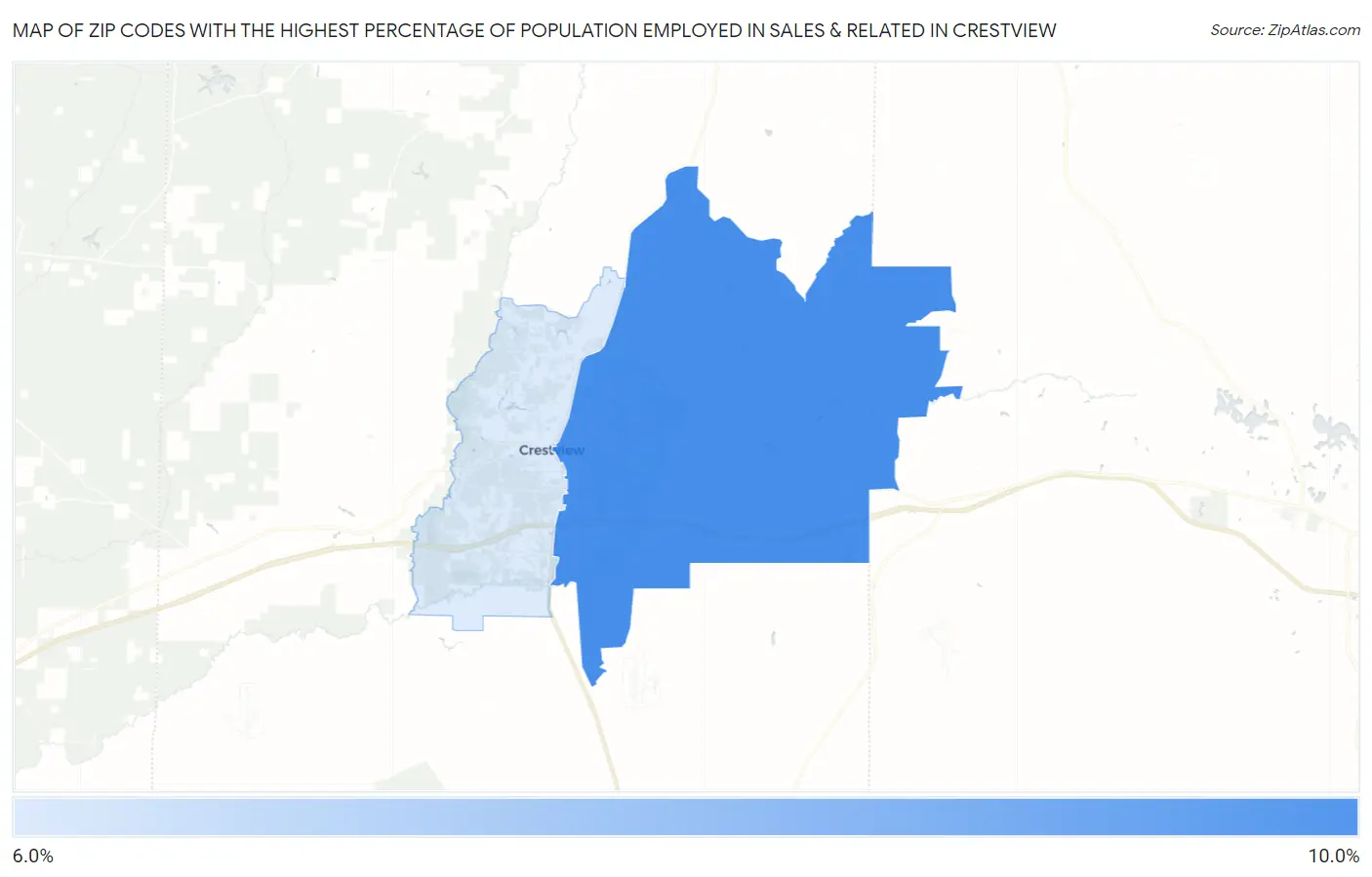 Zip Codes with the Highest Percentage of Population Employed in Sales & Related in Crestview Map