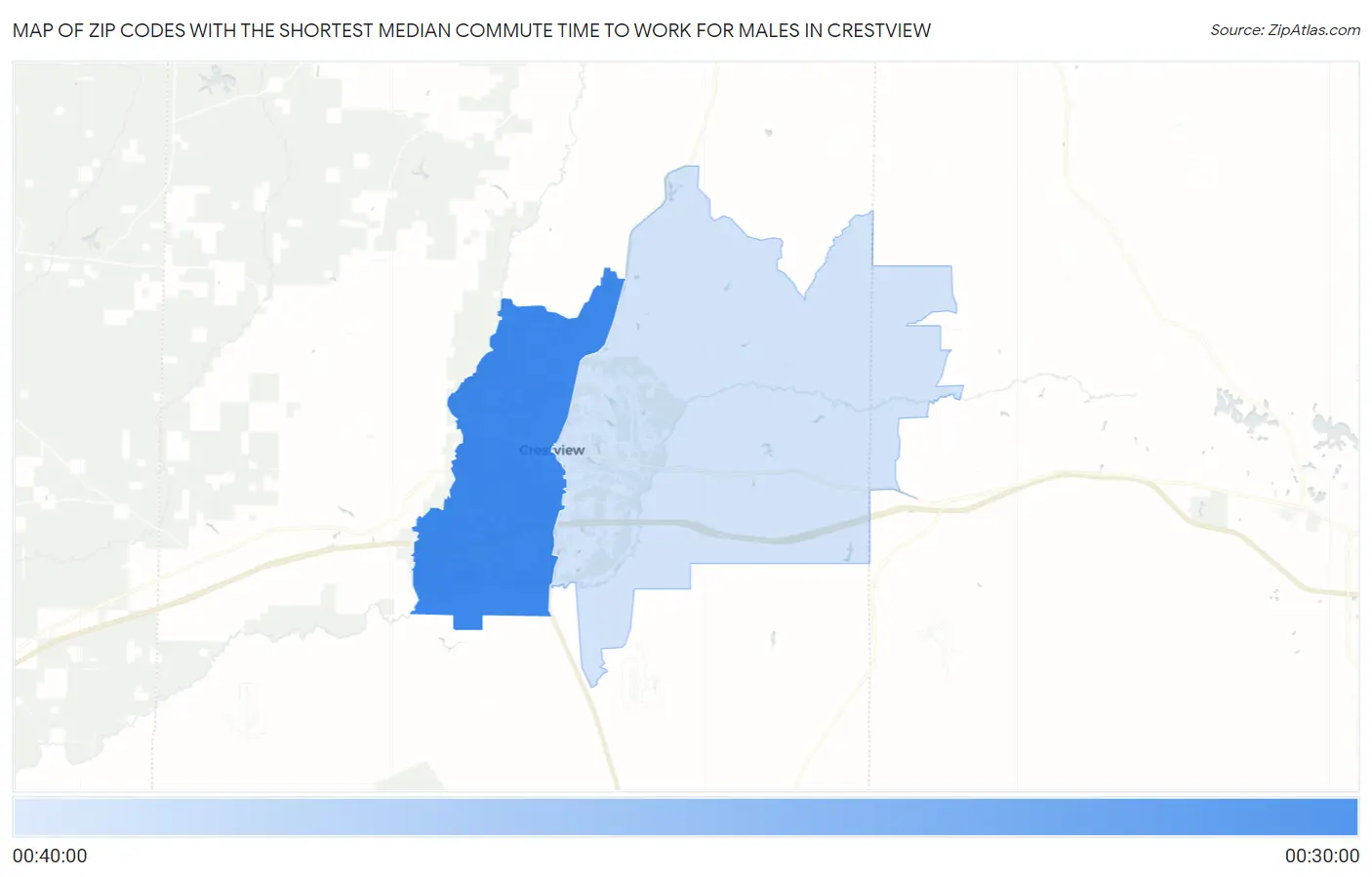 Zip Codes with the Shortest Median Commute Time to Work for Males in Crestview Map