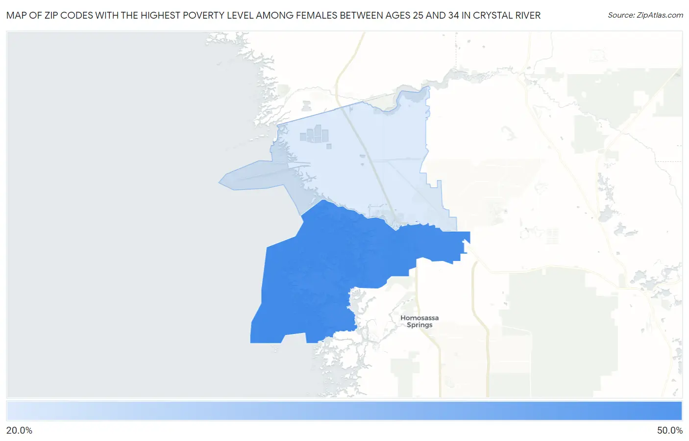 Zip Codes with the Highest Poverty Level Among Females Between Ages 25 and 34 in Crystal River Map