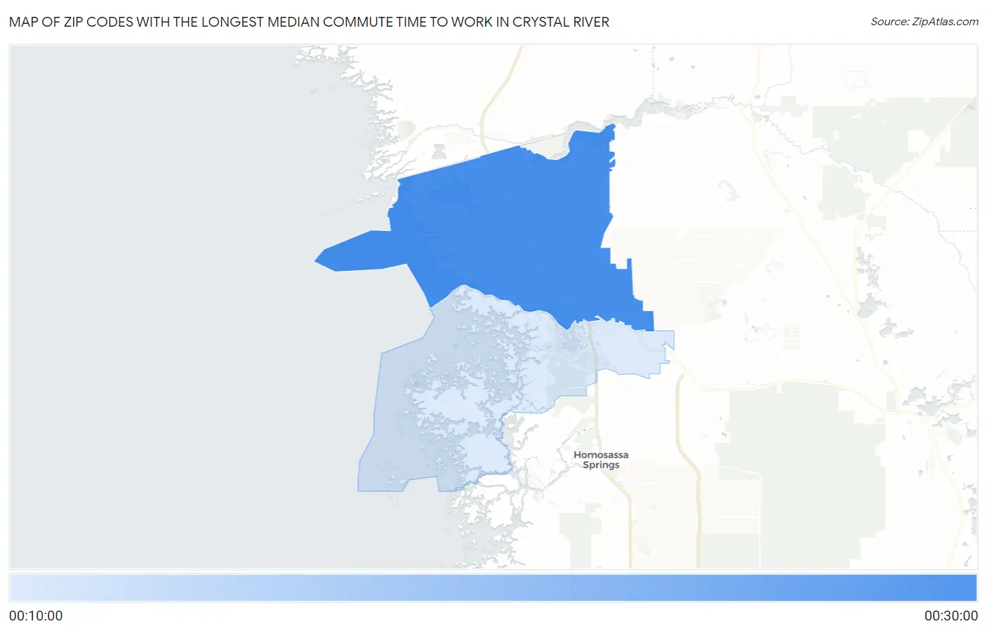 Zip Codes with the Longest Median Commute Time to Work in Crystal River Map