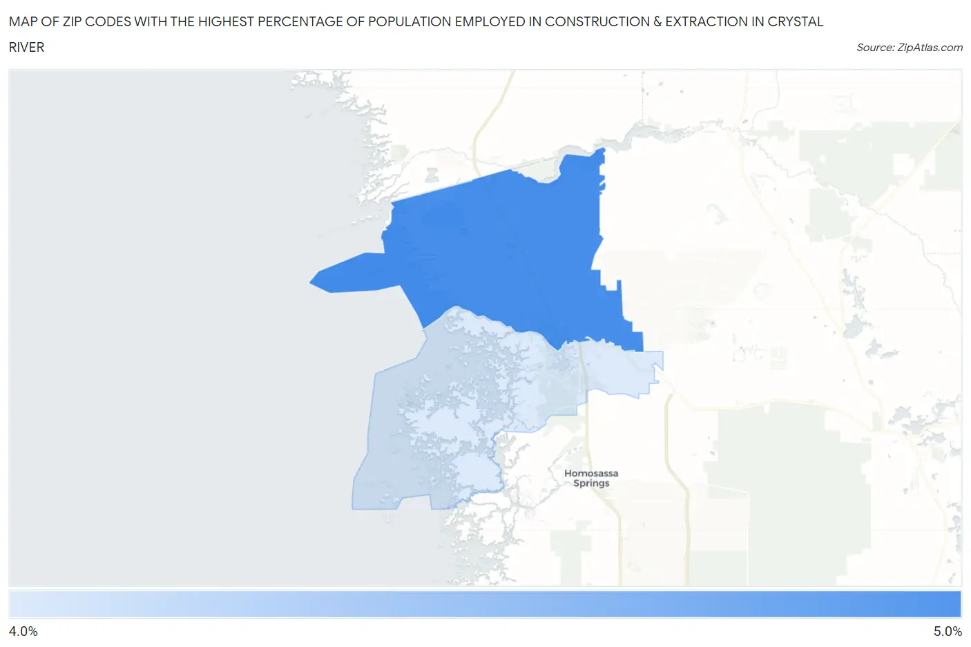 Zip Codes with the Highest Percentage of Population Employed in Construction & Extraction in Crystal River Map