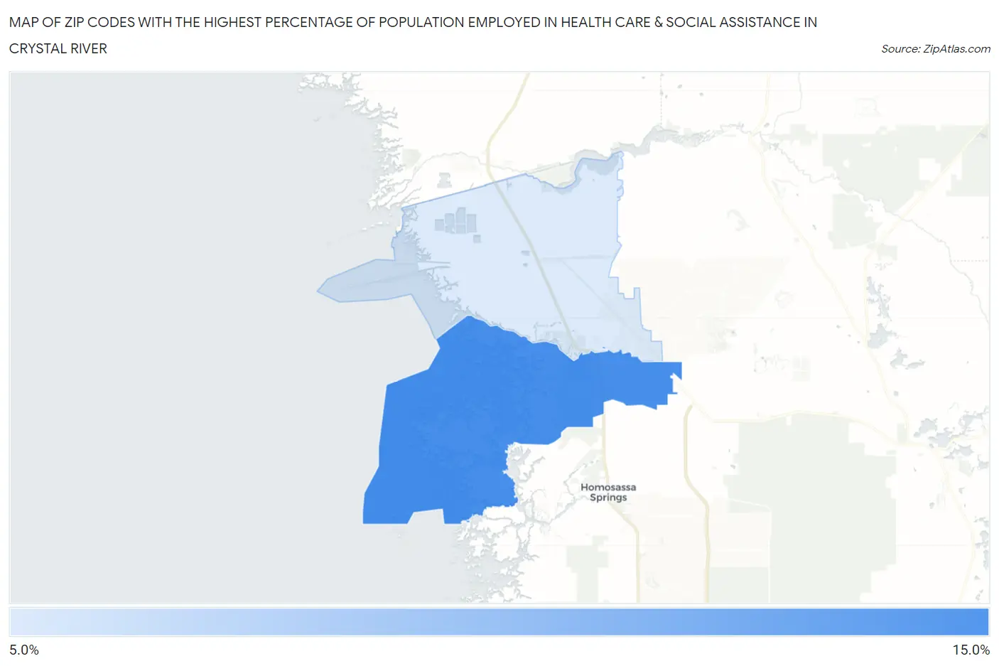 Zip Codes with the Highest Percentage of Population Employed in Health Care & Social Assistance in Crystal River Map