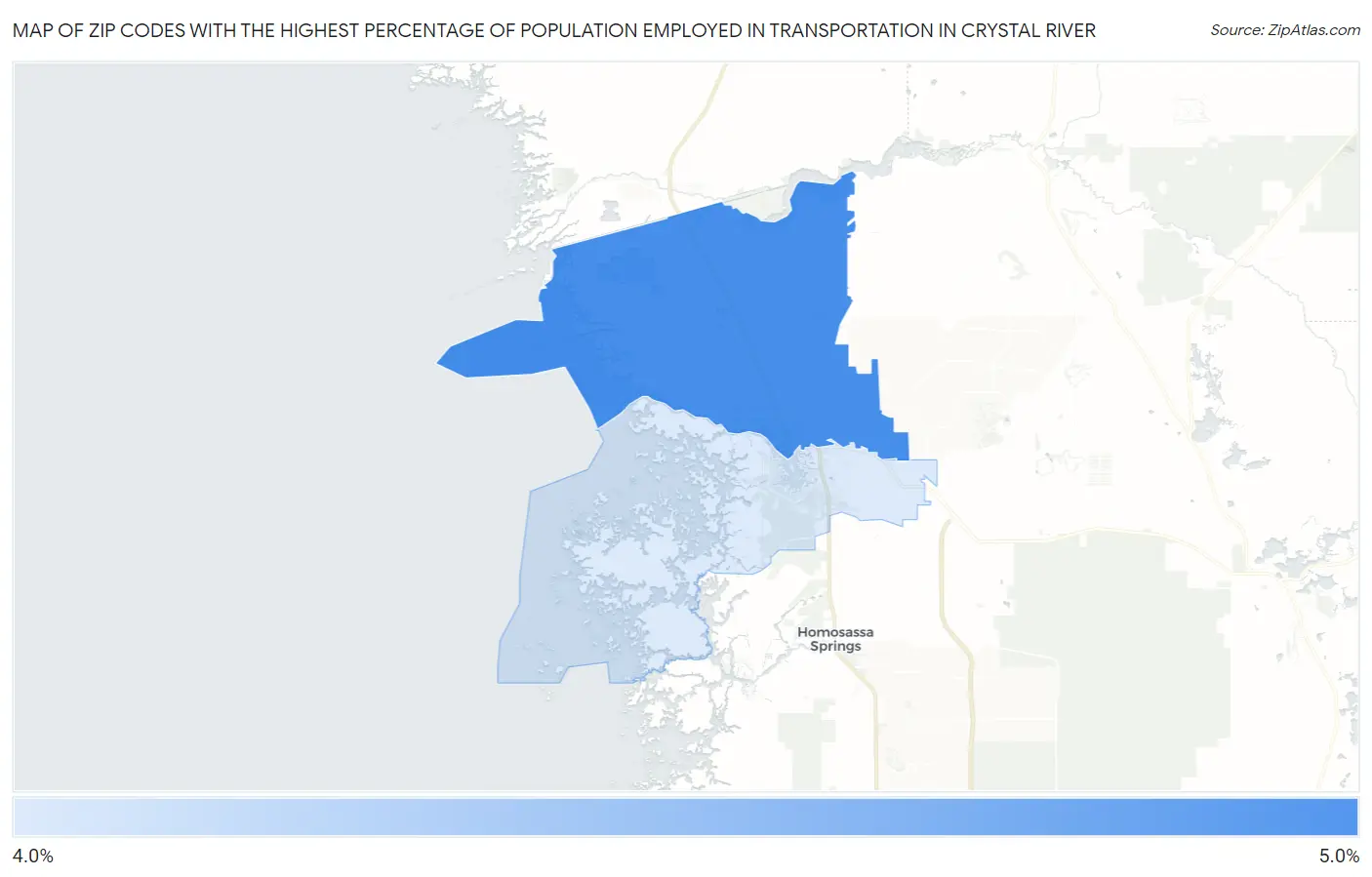 Zip Codes with the Highest Percentage of Population Employed in Transportation in Crystal River Map