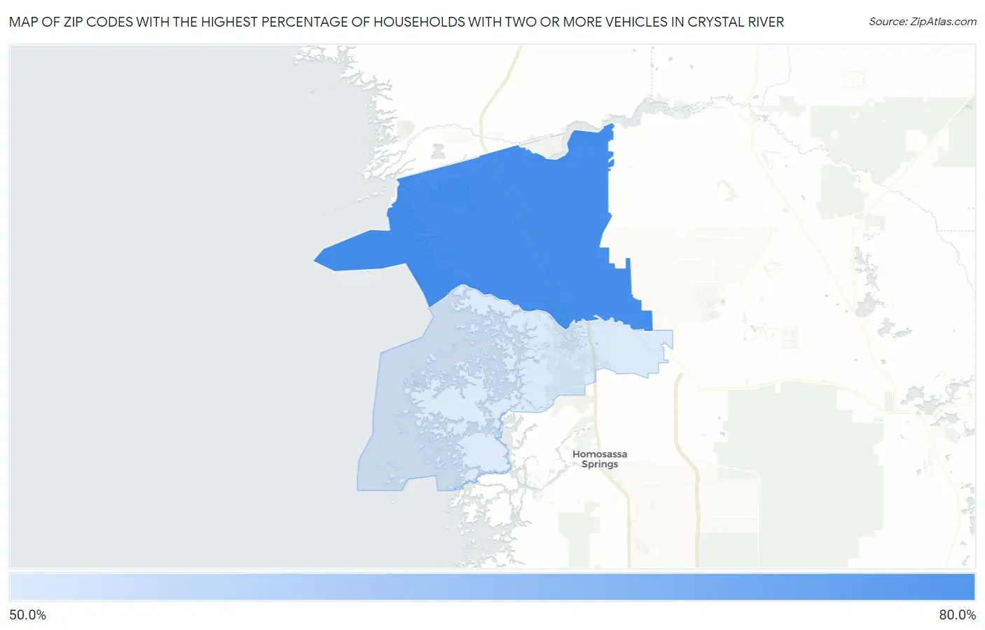 Zip Codes with the Highest Percentage of Households With Two or more Vehicles in Crystal River Map