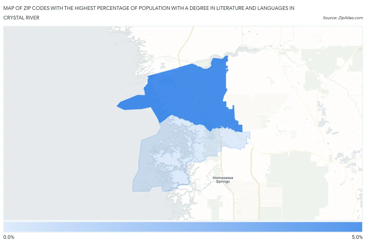 Zip Codes with the Highest Percentage of Population with a Degree in Literature and Languages in Crystal River Map