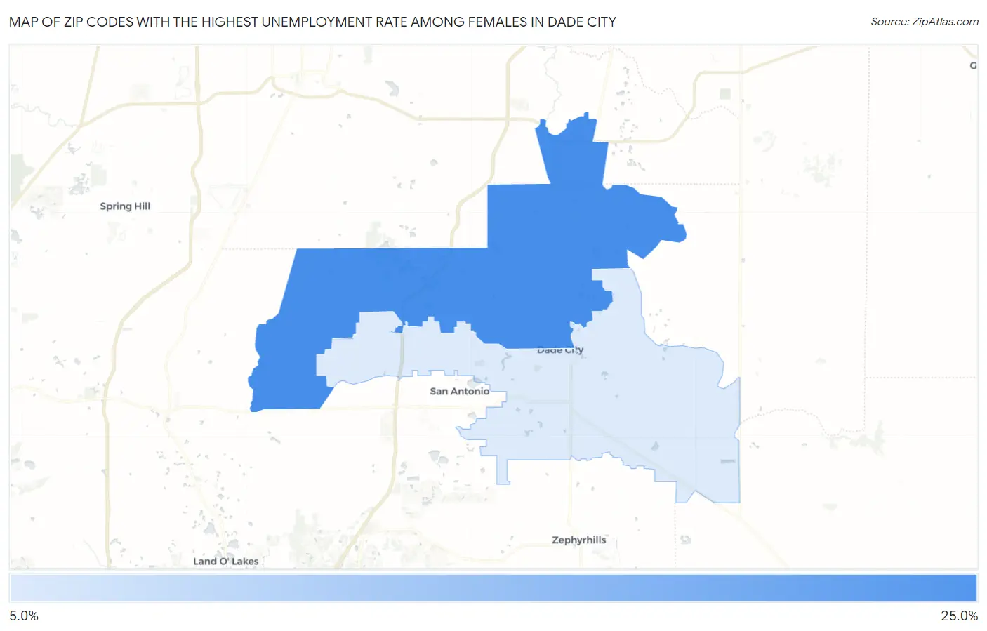 Zip Codes with the Highest Unemployment Rate Among Females in Dade City Map