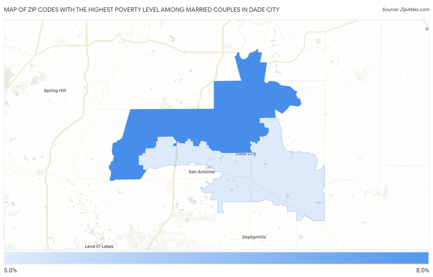 Zip Codes with the Highest Poverty Level Among Married Couples in Dade City Map