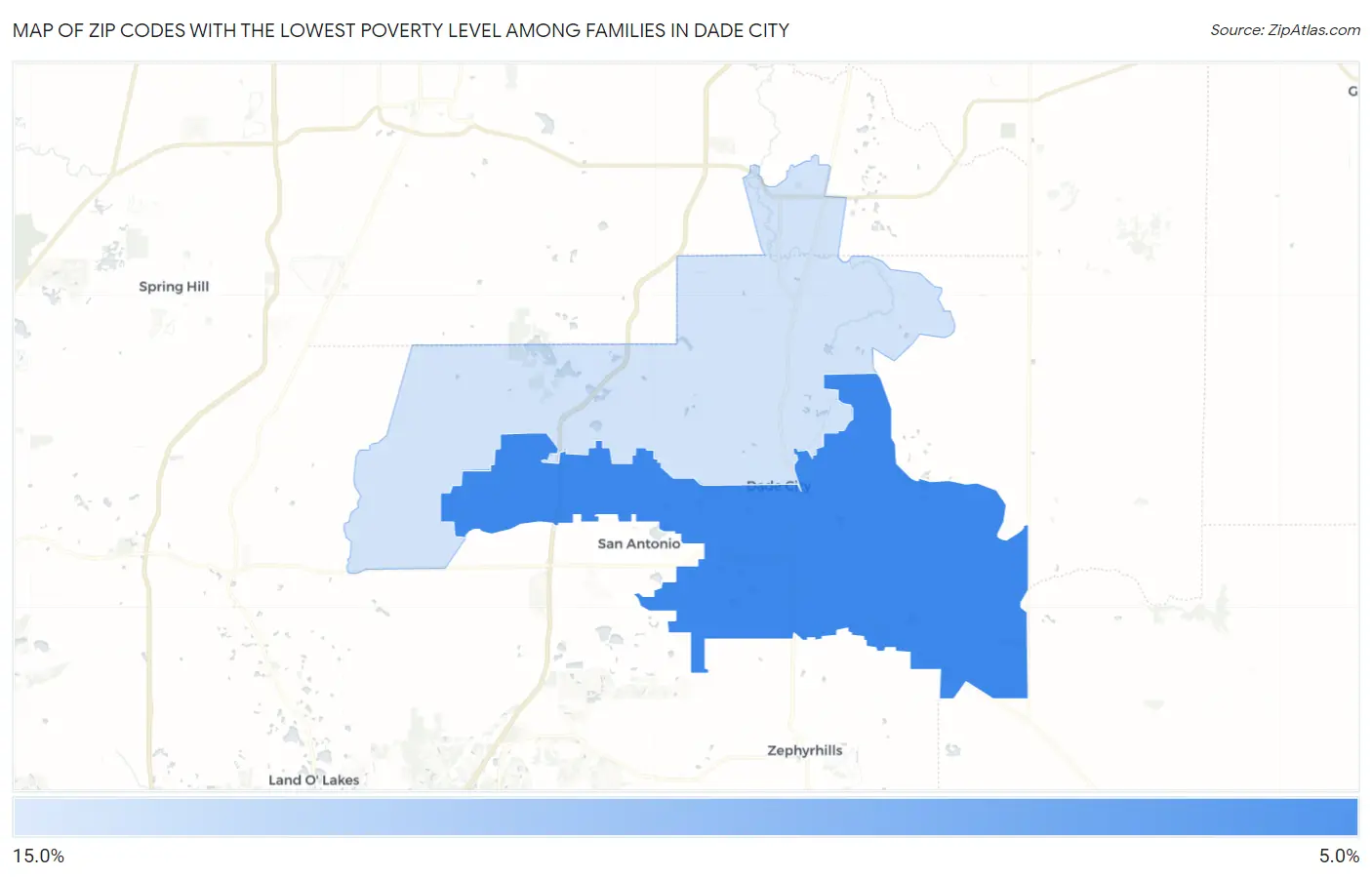 Zip Codes with the Lowest Poverty Level Among Families in Dade City Map