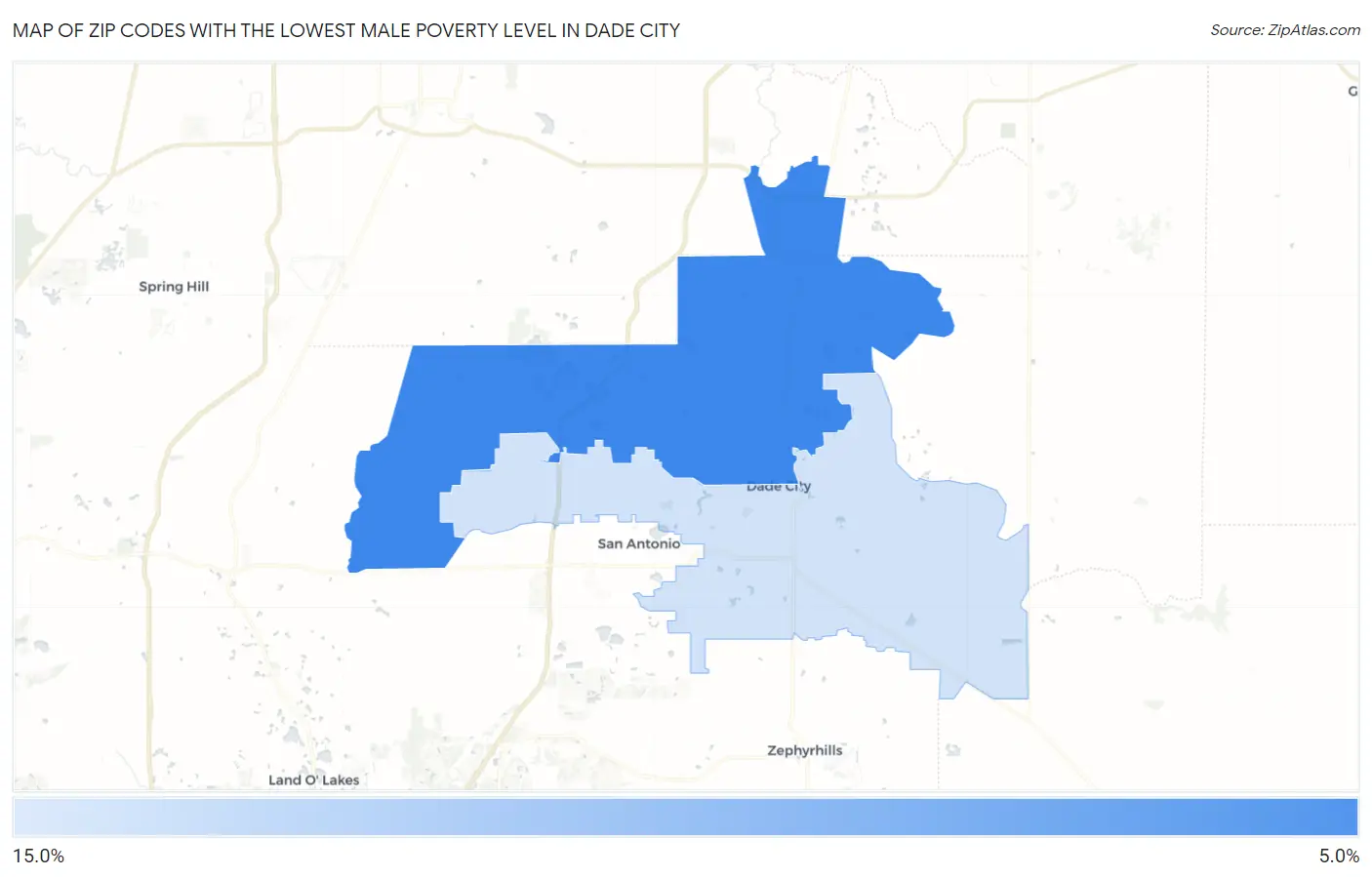 Zip Codes with the Lowest Male Poverty Level in Dade City Map
