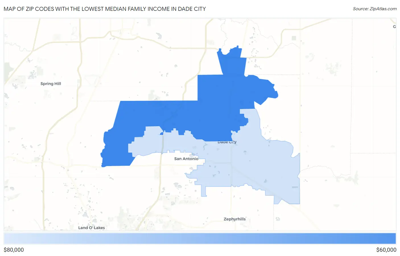 Zip Codes with the Lowest Median Family Income in Dade City Map