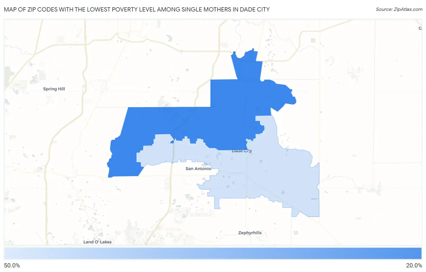 Zip Codes with the Lowest Poverty Level Among Single Mothers in Dade City Map