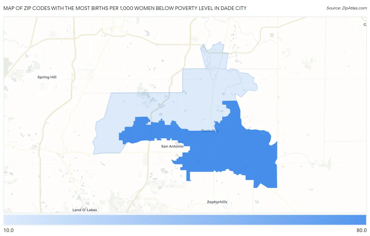 Zip Codes with the Most Births per 1,000 Women Below Poverty Level in Dade City Map