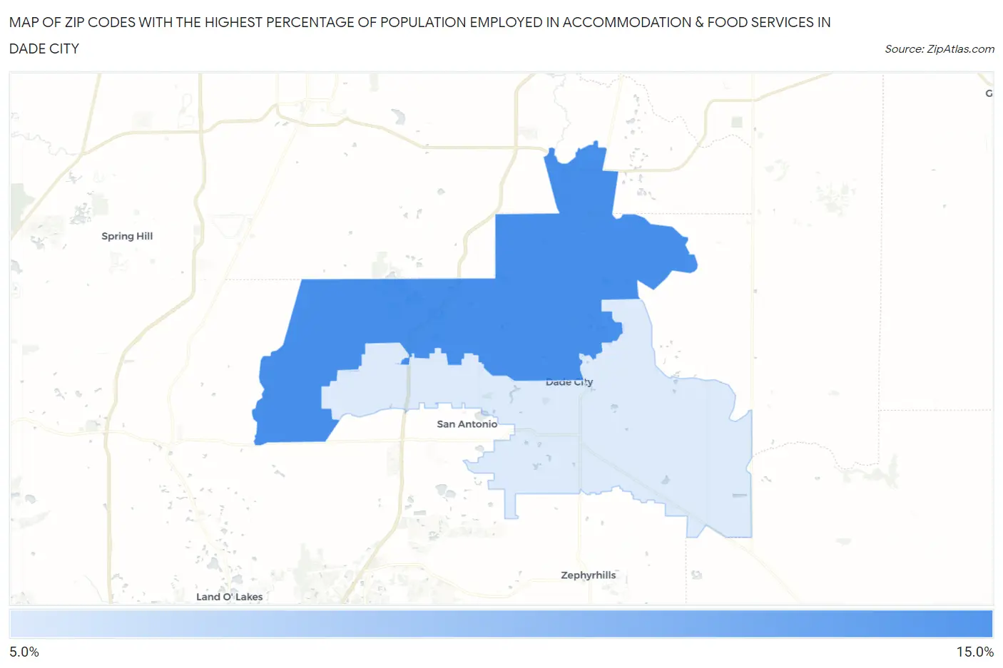 Zip Codes with the Highest Percentage of Population Employed in Accommodation & Food Services in Dade City Map