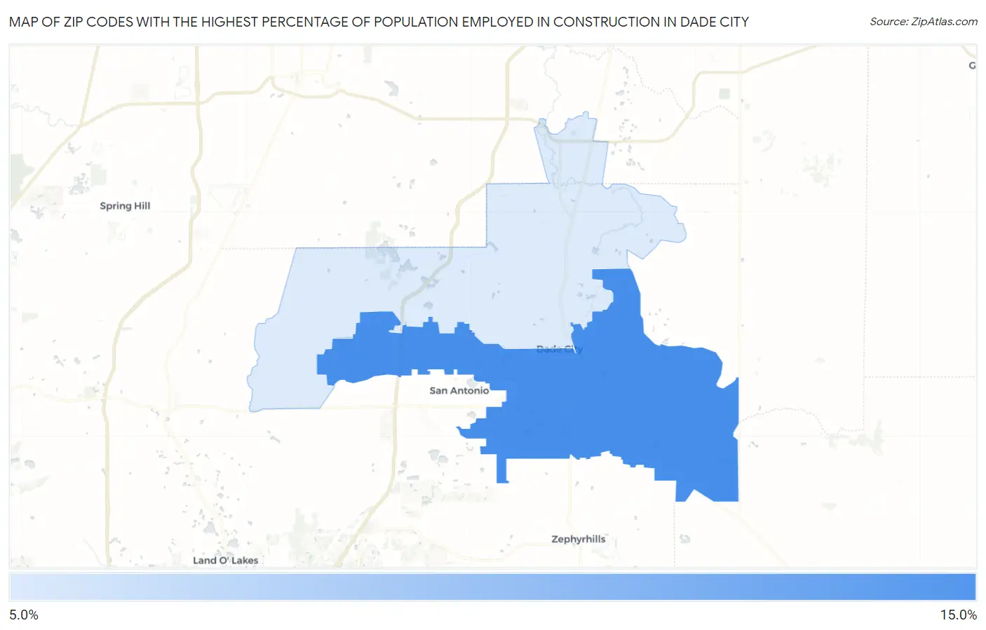 Zip Codes with the Highest Percentage of Population Employed in Construction in Dade City Map