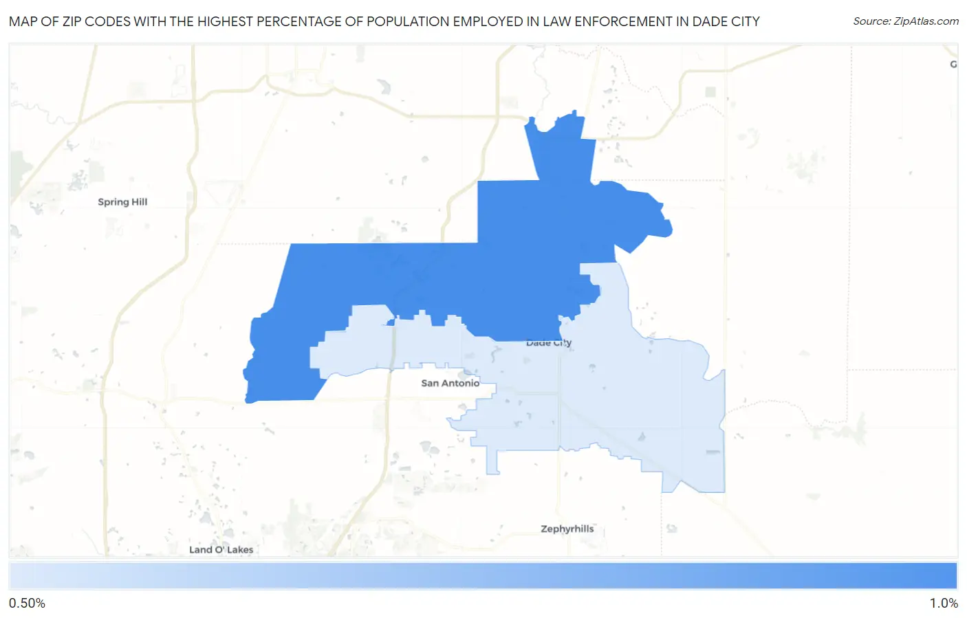 Zip Codes with the Highest Percentage of Population Employed in Law Enforcement in Dade City Map