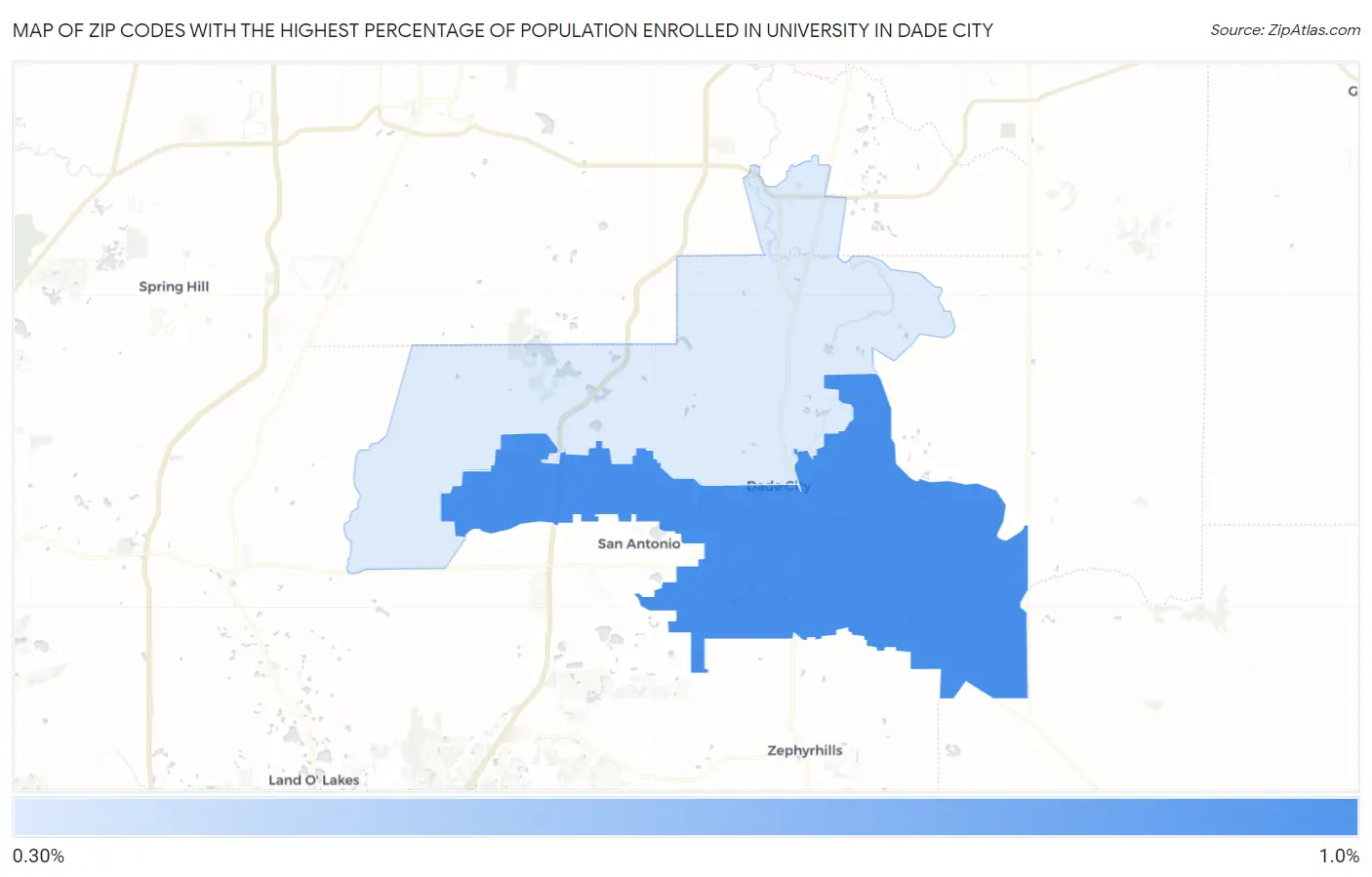 Zip Codes with the Highest Percentage of Population Enrolled in University in Dade City Map