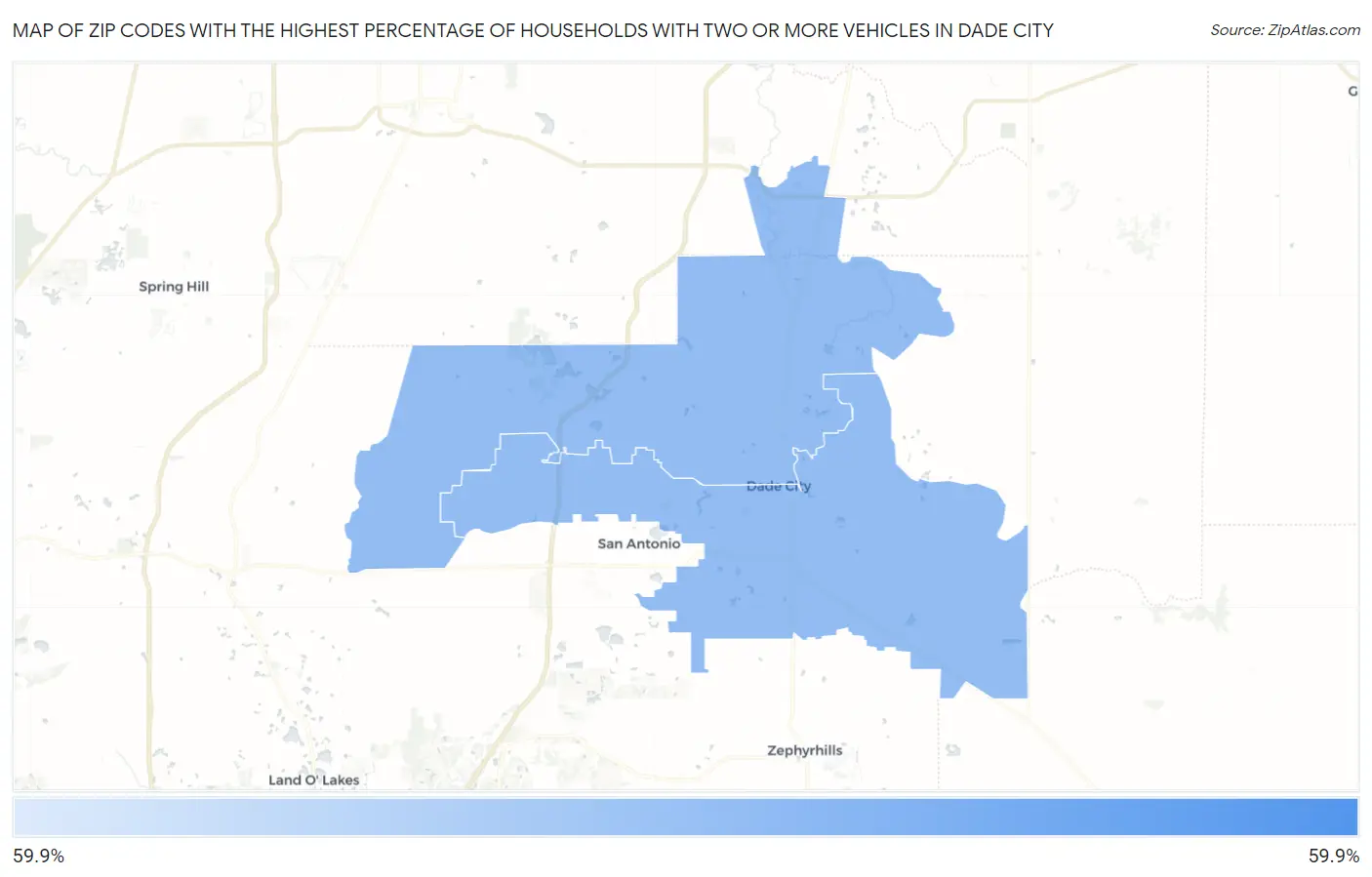 Zip Codes with the Highest Percentage of Households With Two or more Vehicles in Dade City Map