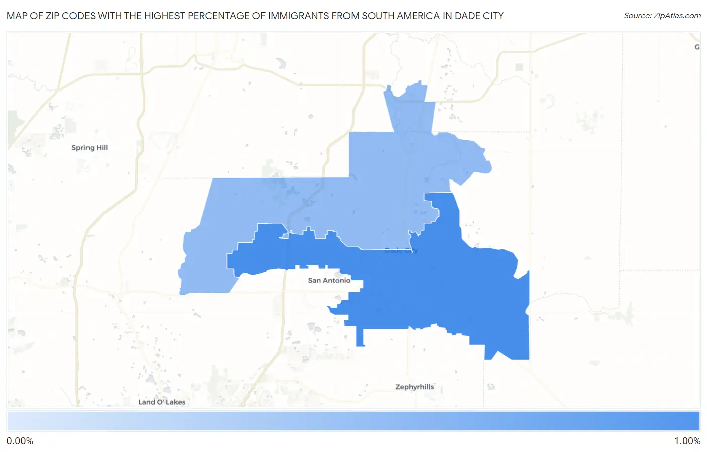 Zip Codes with the Highest Percentage of Immigrants from South America in Dade City Map