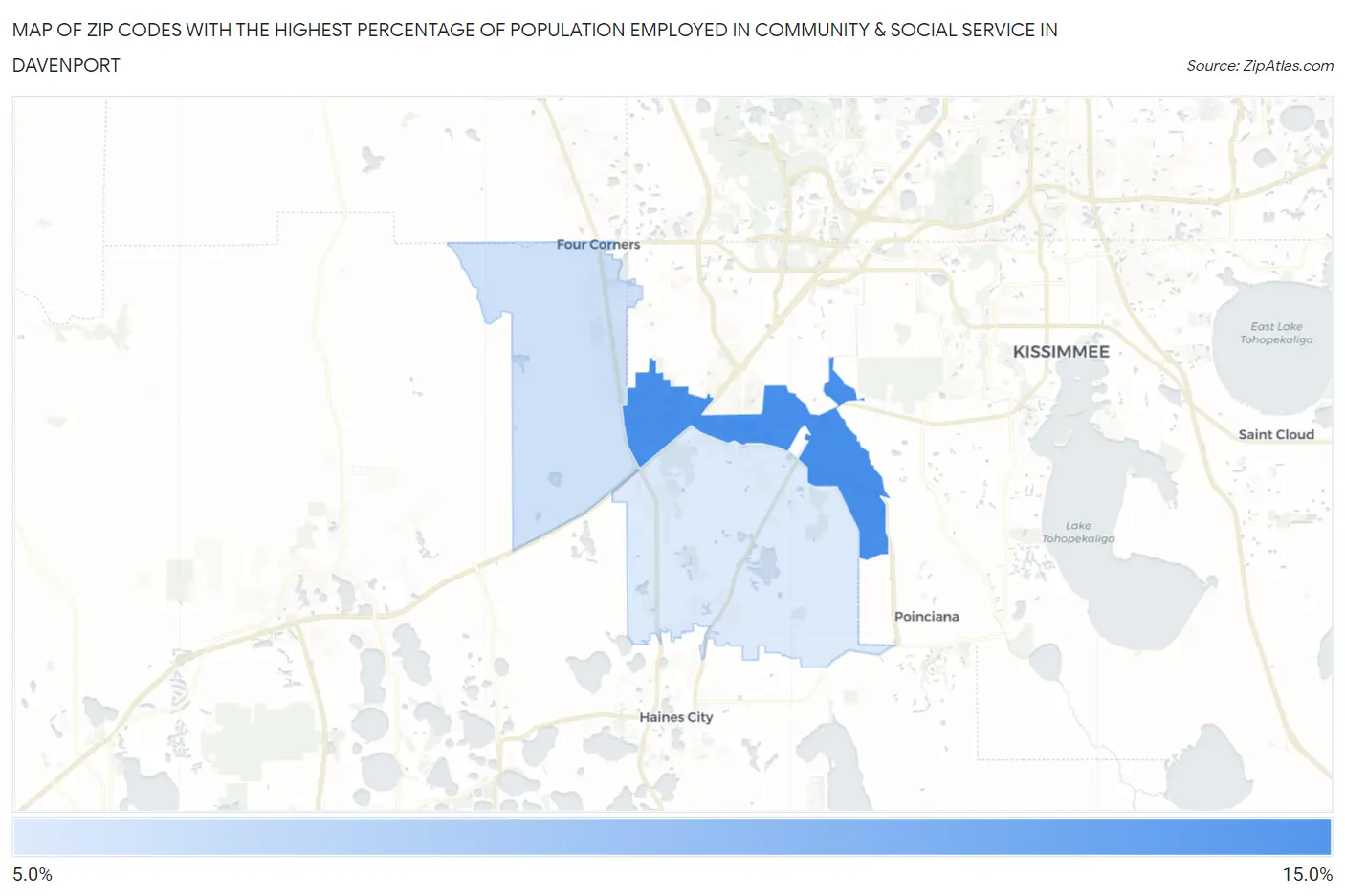 Zip Codes with the Highest Percentage of Population Employed in Community & Social Service  in Davenport Map