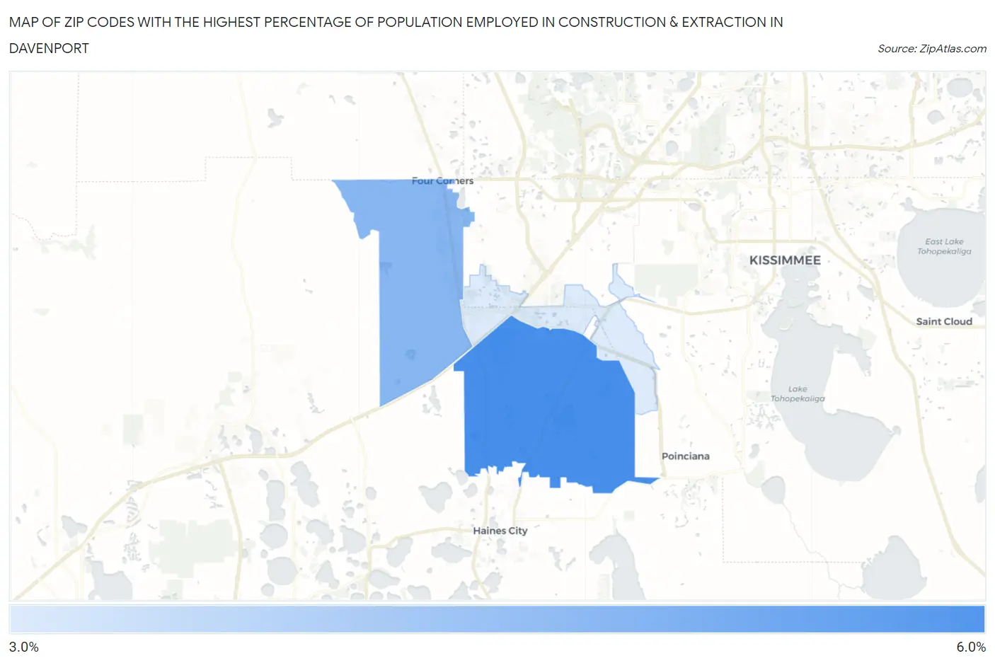 Zip Codes with the Highest Percentage of Population Employed in Construction & Extraction in Davenport Map