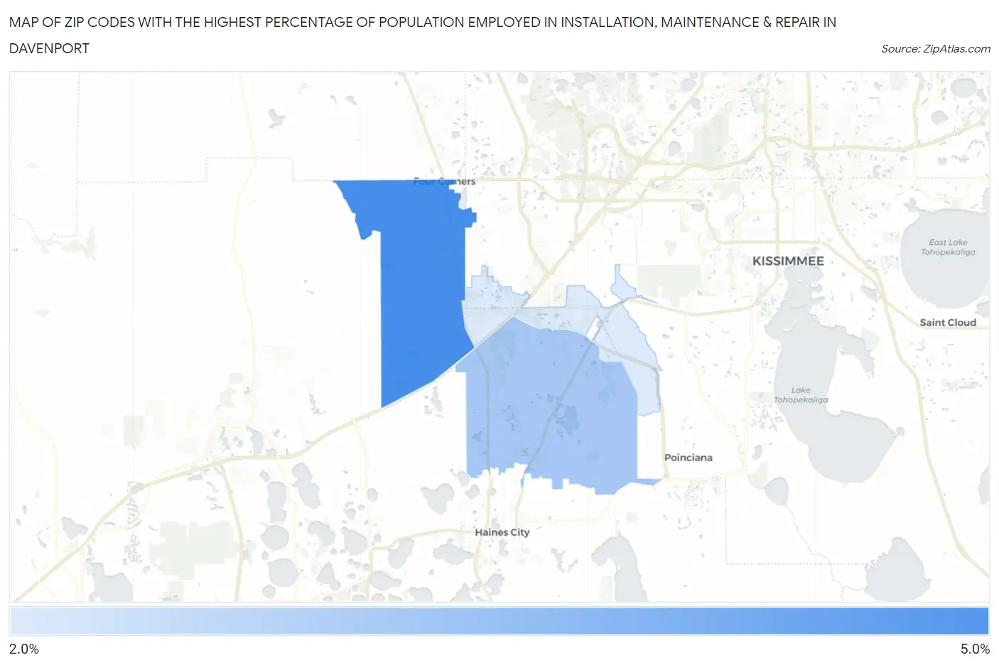 Zip Codes with the Highest Percentage of Population Employed in Installation, Maintenance & Repair in Davenport Map