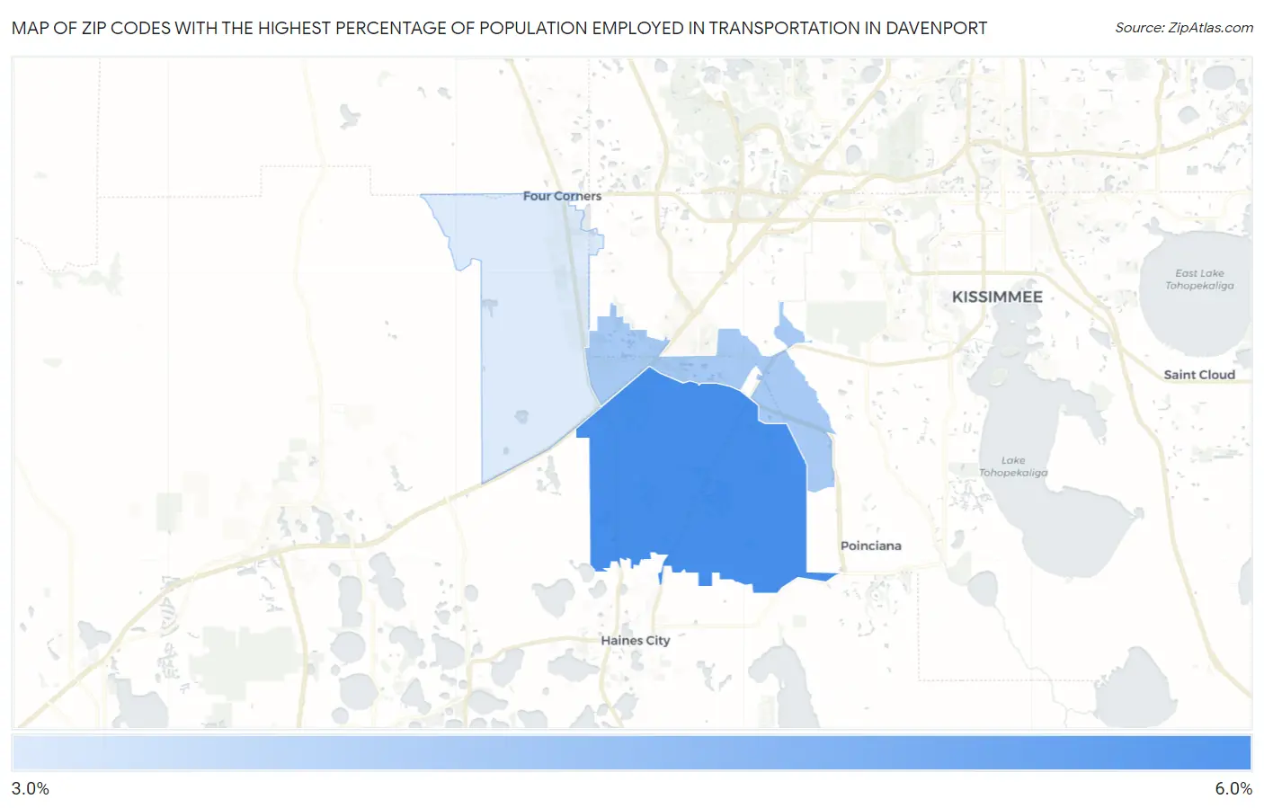 Zip Codes with the Highest Percentage of Population Employed in Transportation in Davenport Map