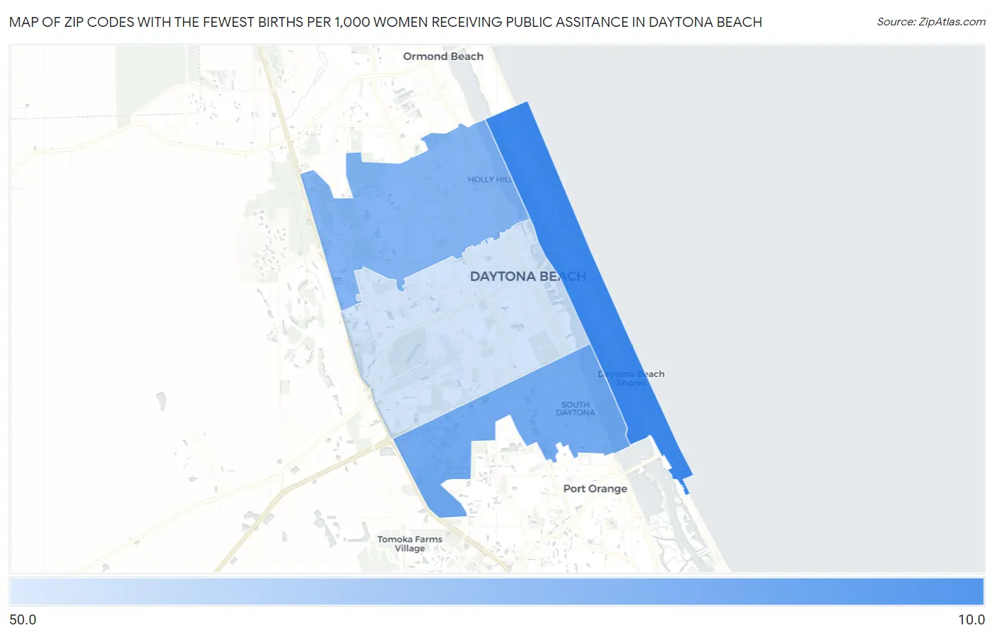 Zip Codes with the Fewest Births per 1,000 Women Receiving Public Assitance in Daytona Beach Map