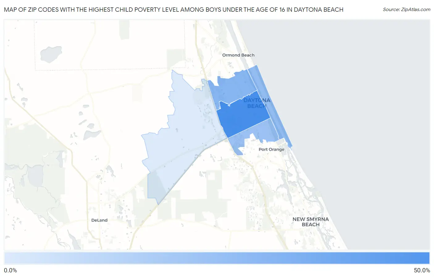 Zip Codes with the Highest Child Poverty Level Among Boys Under the Age of 16 in Daytona Beach Map