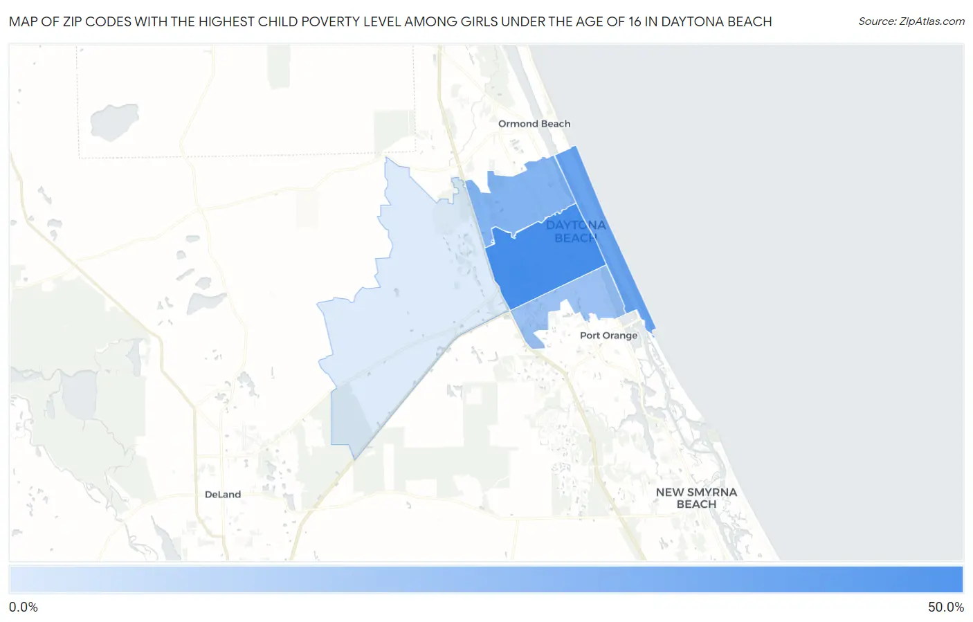 Zip Codes with the Highest Child Poverty Level Among Girls Under the Age of 16 in Daytona Beach Map