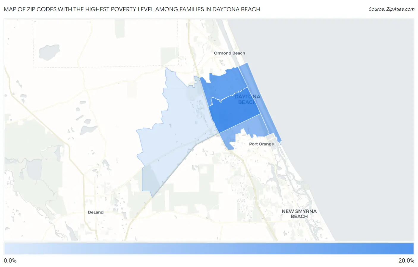 Zip Codes with the Highest Poverty Level Among Families in Daytona Beach Map