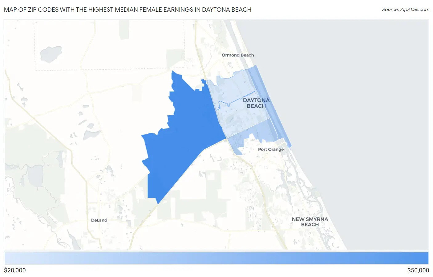 Zip Codes with the Highest Median Female Earnings in Daytona Beach Map
