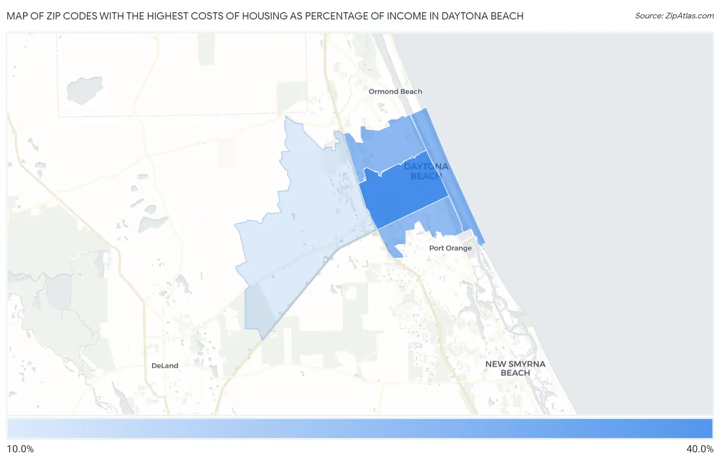 Zip Codes with the Highest Costs of Housing as Percentage of Income in Daytona Beach Map