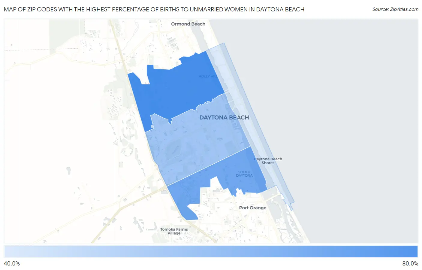 Zip Codes with the Highest Percentage of Births to Unmarried Women in Daytona Beach Map