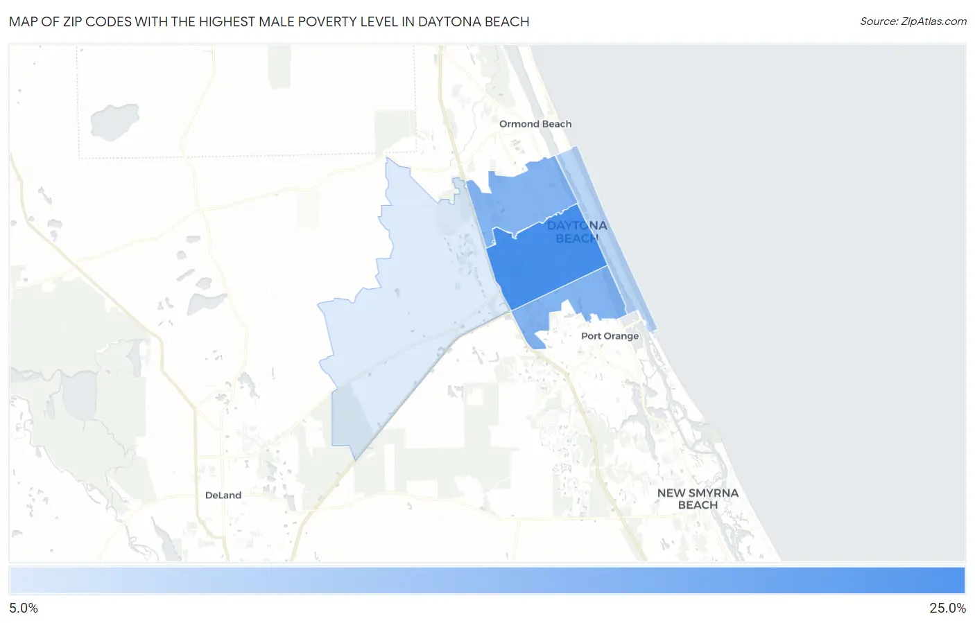 Zip Codes with the Highest Male Poverty Level in Daytona Beach Map