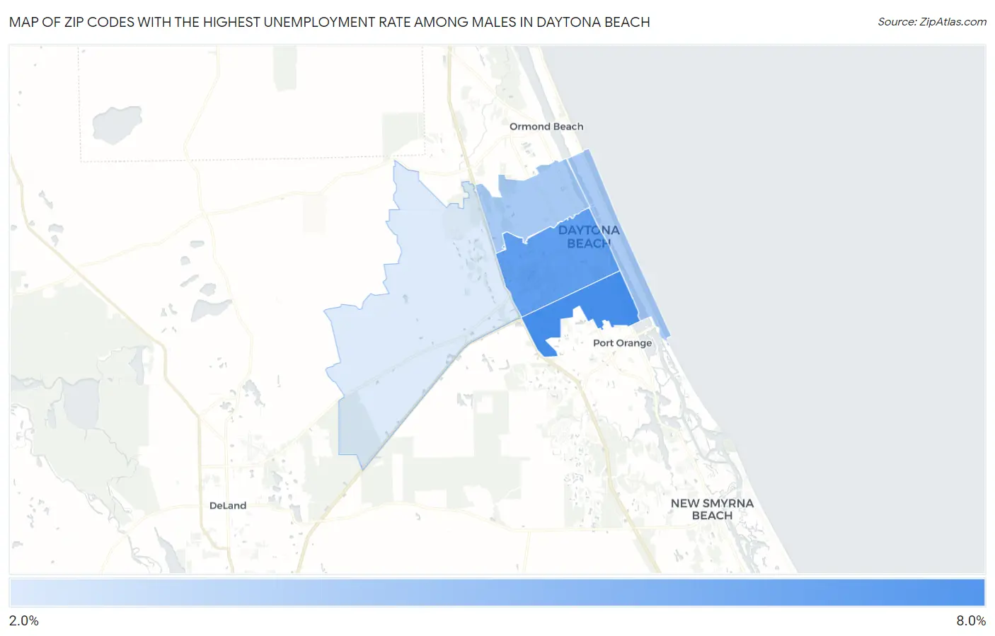 Zip Codes with the Highest Unemployment Rate Among Males in Daytona Beach Map