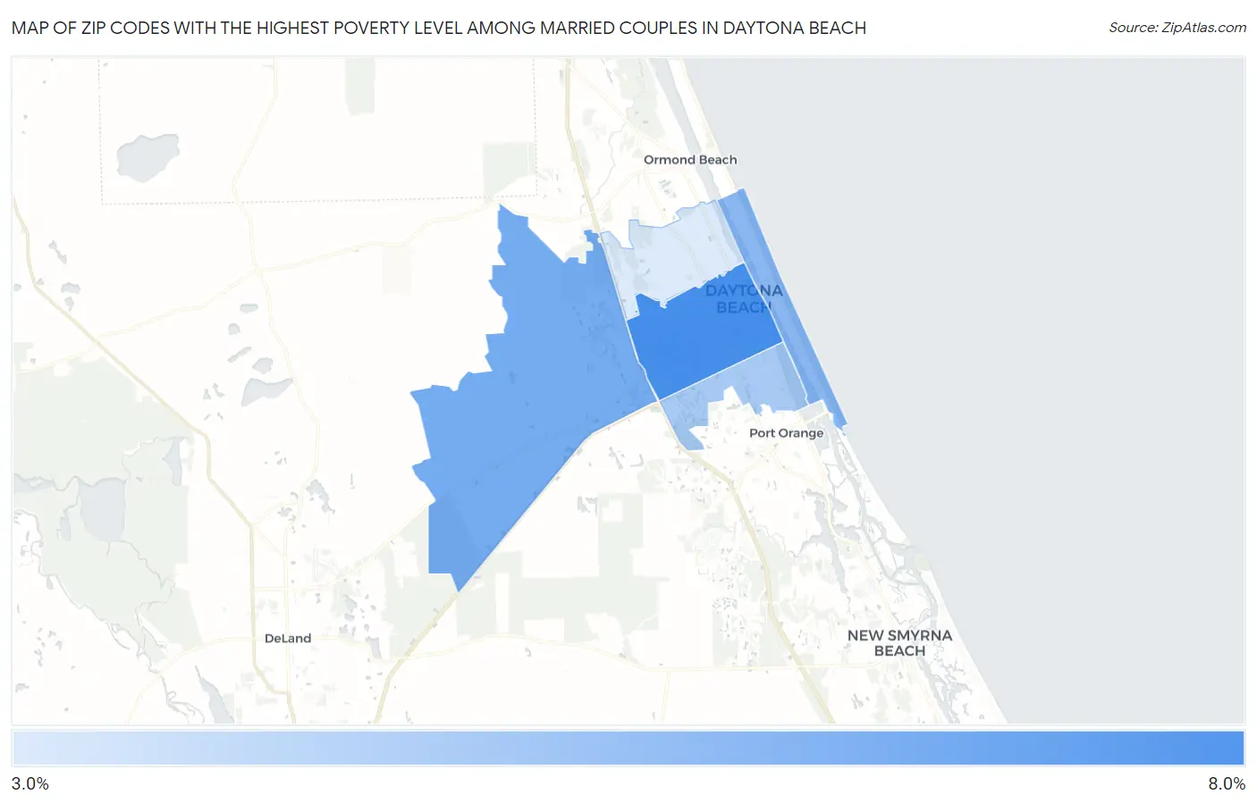Zip Codes with the Highest Poverty Level Among Married Couples in Daytona Beach Map