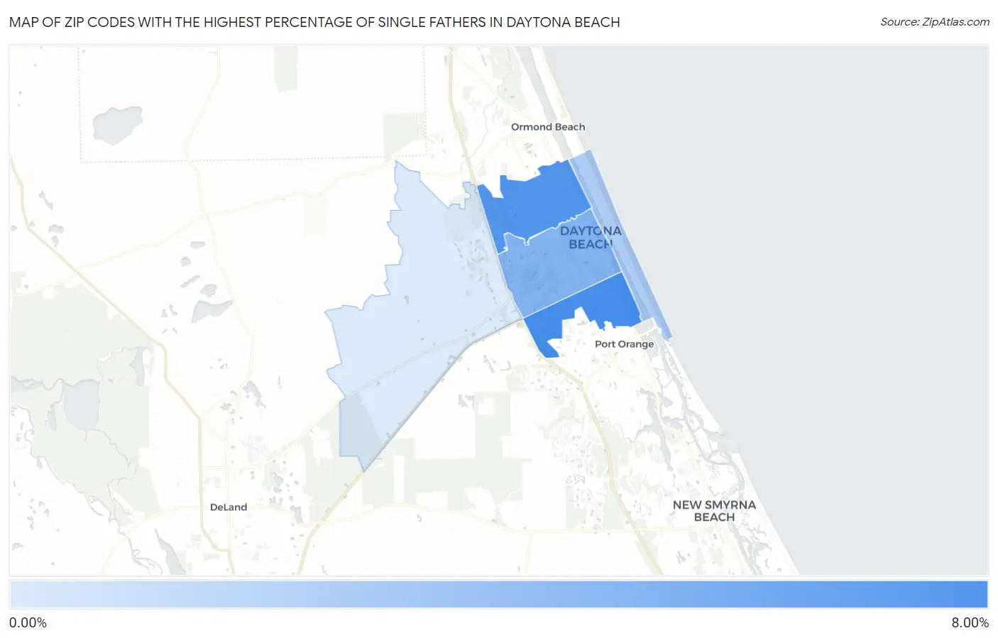 Zip Codes with the Highest Percentage of Single Fathers in Daytona Beach Map