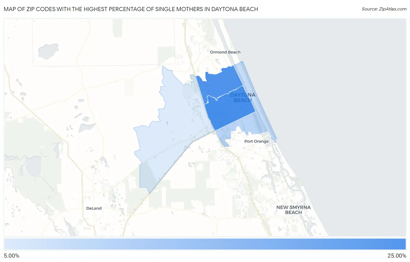 Zip Codes with the Highest Percentage of Single Mothers in Daytona Beach Map