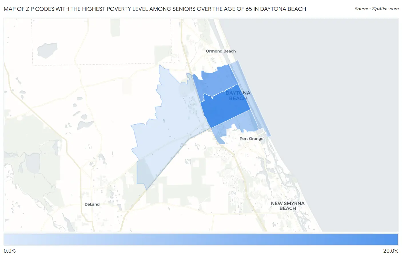 Zip Codes with the Highest Poverty Level Among Seniors Over the Age of 65 in Daytona Beach Map