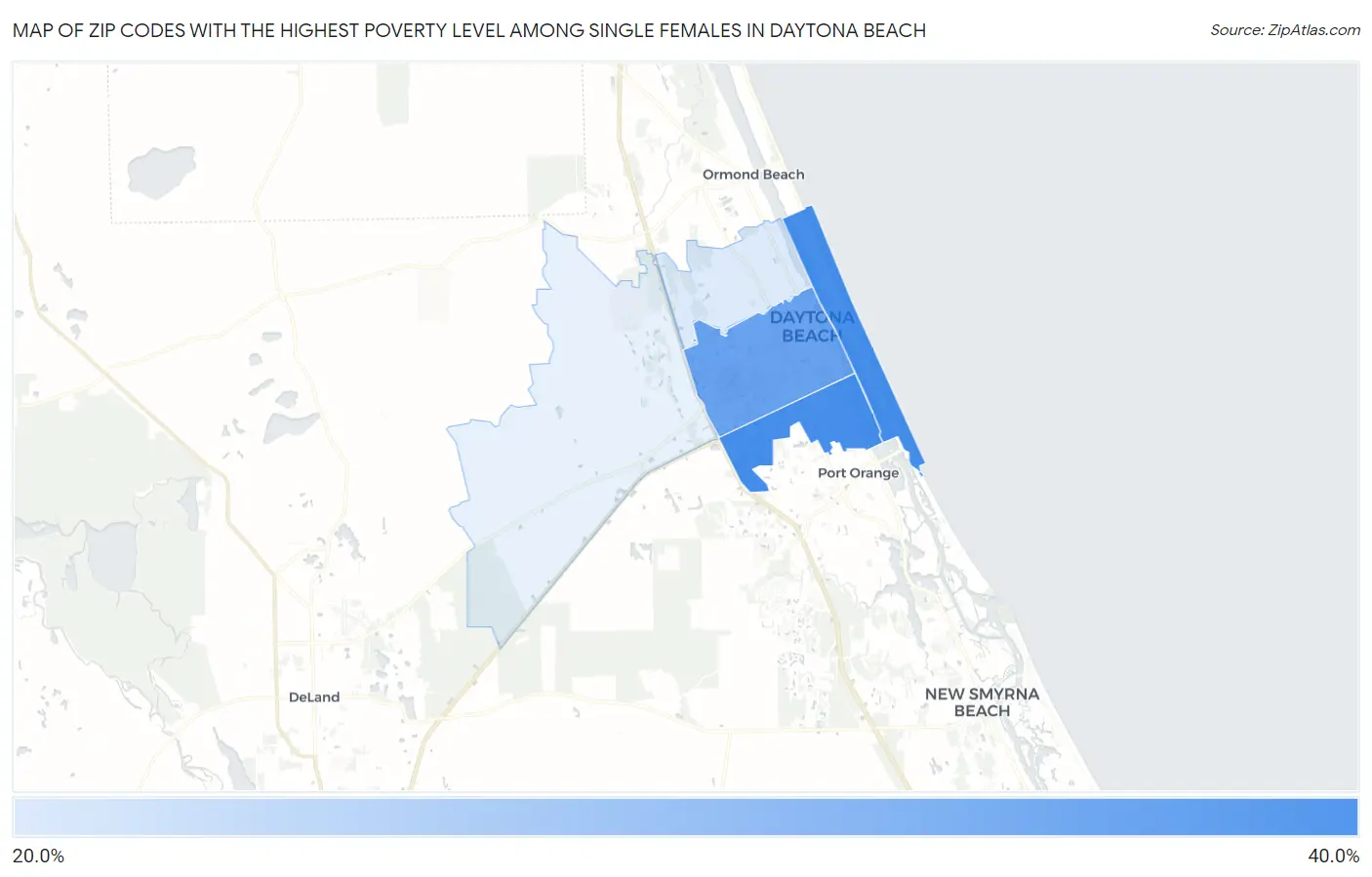 Zip Codes with the Highest Poverty Level Among Single Females in Daytona Beach Map