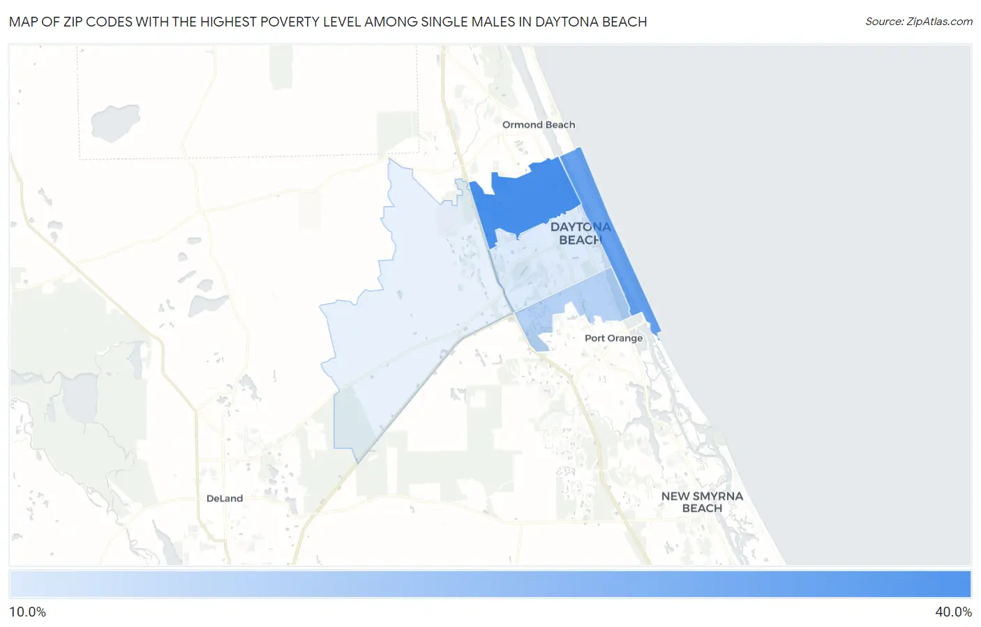 Zip Codes with the Highest Poverty Level Among Single Males in Daytona Beach Map
