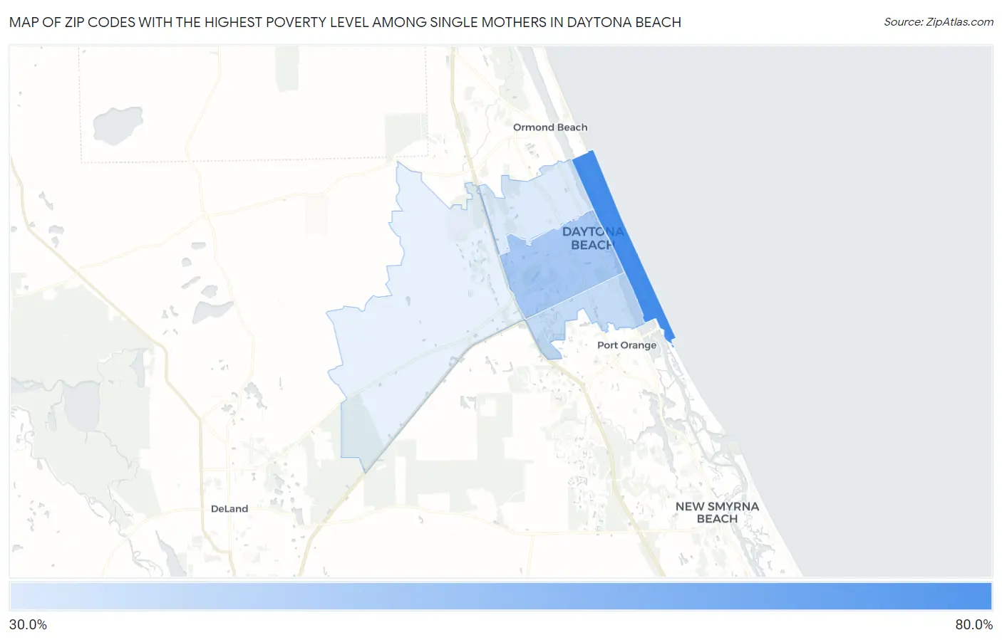 Zip Codes with the Highest Poverty Level Among Single Mothers in Daytona Beach Map