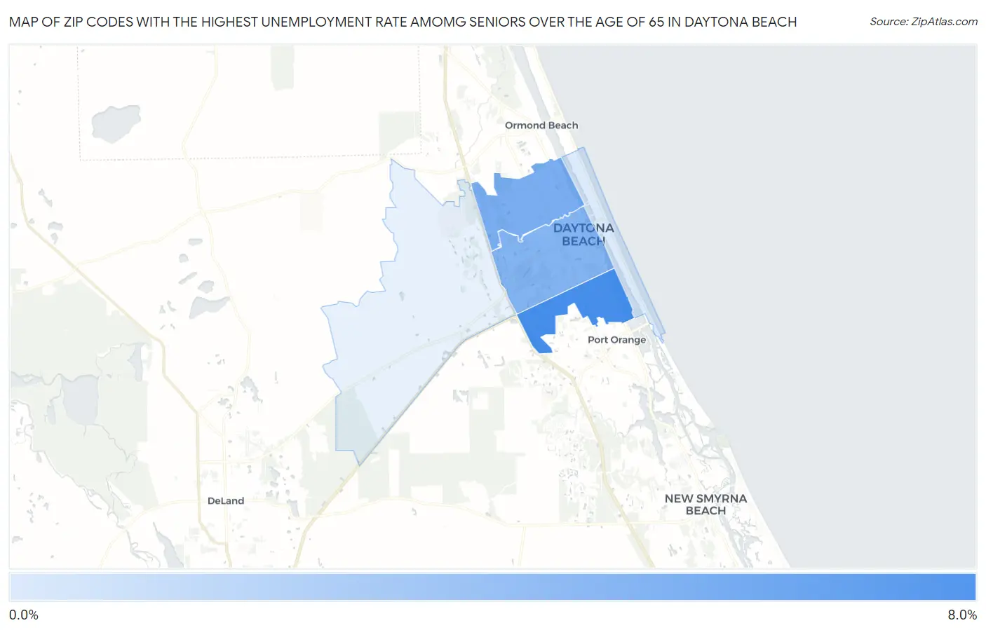 Zip Codes with the Highest Unemployment Rate Amomg Seniors Over the Age of 65 in Daytona Beach Map