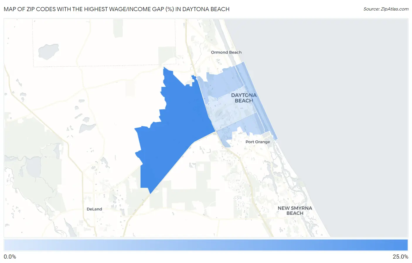 Zip Codes with the Highest Wage/Income Gap (%) in Daytona Beach Map
