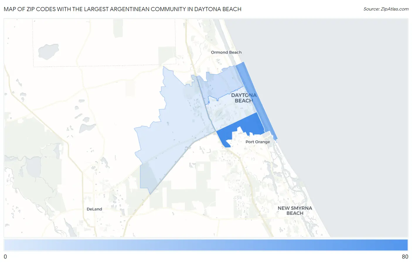 Zip Codes with the Largest Argentinean Community in Daytona Beach Map