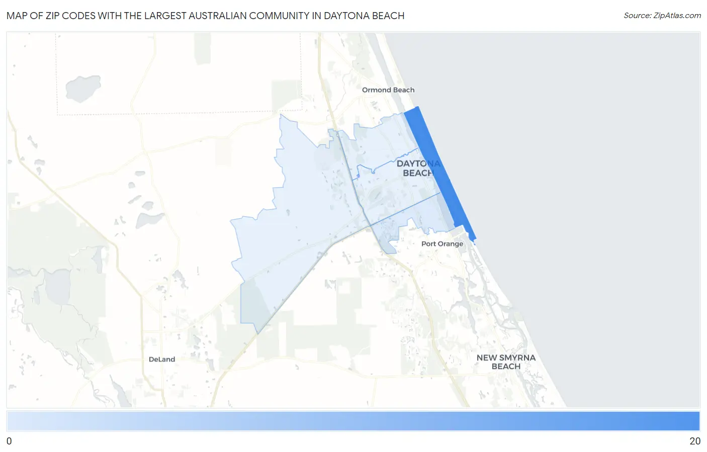 Zip Codes with the Largest Australian Community in Daytona Beach Map
