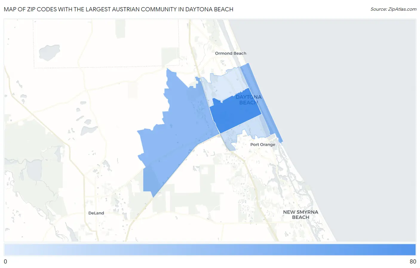 Zip Codes with the Largest Austrian Community in Daytona Beach Map