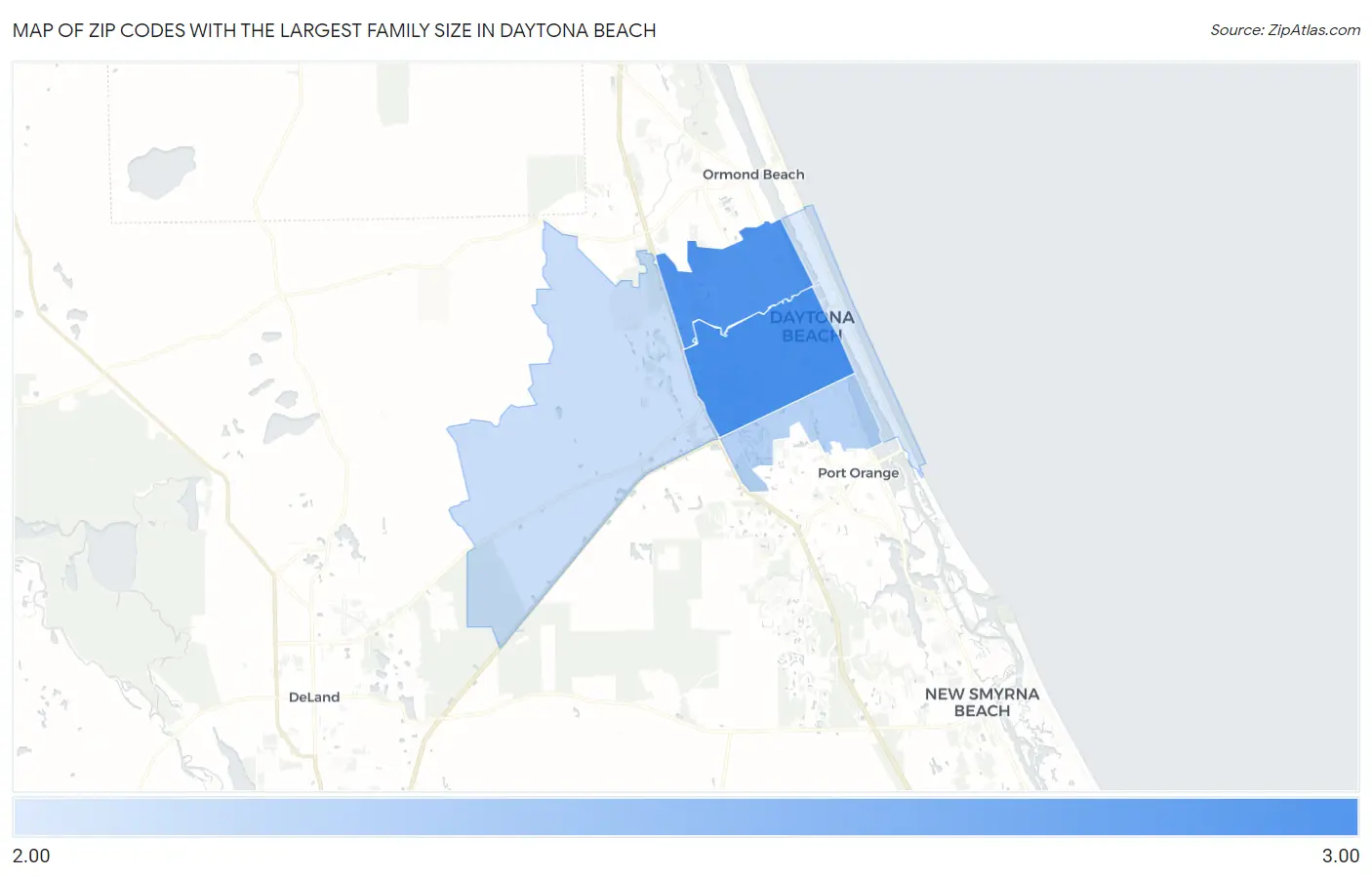 Zip Codes with the Largest Family Size in Daytona Beach Map